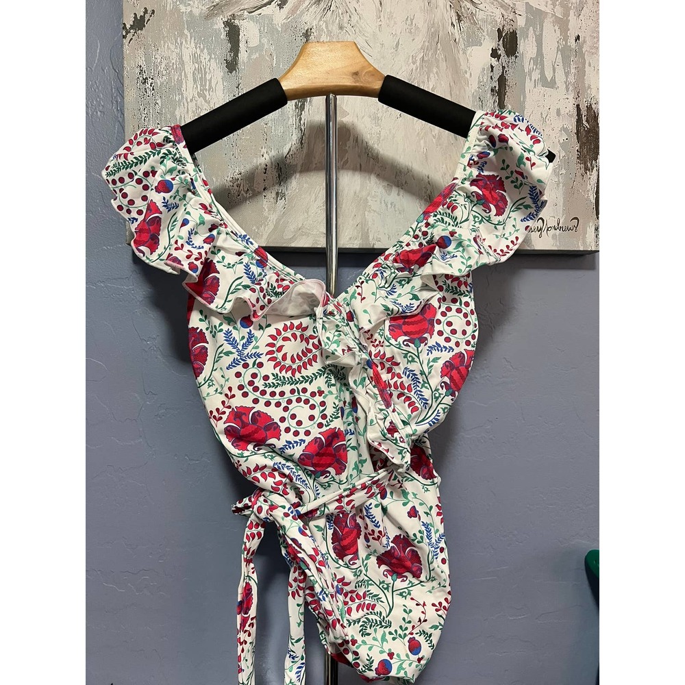 Toluca White Floral Ruffle One-Piece Bikini with Red & Green Print